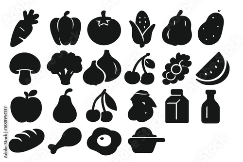 Food icons set. Grocery store silhouette collection. Vector glyphs of fruit, vegetables, meat, dairy. Healthy eating concept for market, menu, web. Flat black graphic elements.
