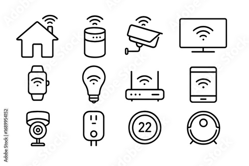 Smart home devices line icon set. IoT and home automation outline icons. Vector collection of tech gadgets like smart watch, speaker, lightbulb, and security camera symbols.