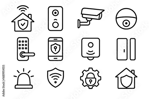 Smart home security system line icon set. Vector collection of home automation, surveillance and safety symbols. Icons for alarm, camera, smart lock, sensor and protection.