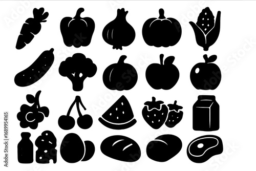 Groceries silhouette icon set. Vector collection of food products for market theme. Vegetables, fruits, meat, dairy and bread icons. Healthy eating & nutrition concept.