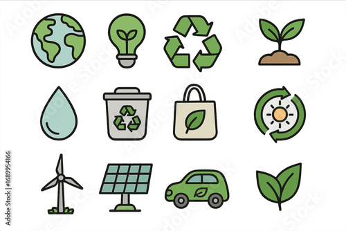 Vector icon set of environmental and sustainability concepts. Green energy, recycling, and conservation symbols. Eco-friendly design elements for ecology projects. Line art style.