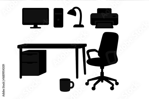 Silhouette office furniture and equipment icon set. Modern workplace essentials with desk, chair, computer, printer, and lamp. Vector collection for business or home office design.