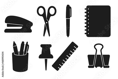 Office supplies icon set silhouette. Vector illustration of stationery items for work, school or business. Black isolated graphic elements. Stapler, scissors, pen, ruler.