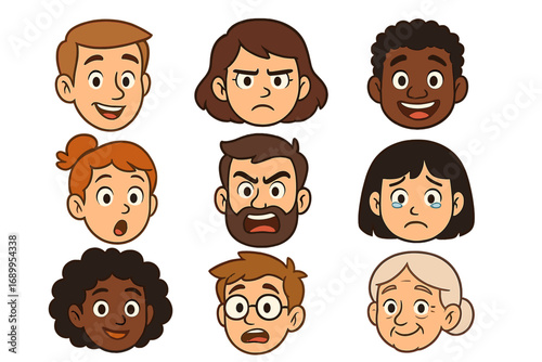 Diverse character faces with various emotions. Cartoon people head set. Avatar creator kit for animation. Happy, sad, angry, surprised facial expressions. Vector illustration.