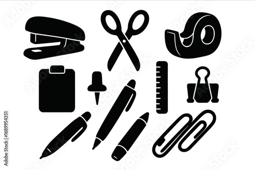 Office supplies icon set silhouette. School stationery elements. Business tools concept. Stapler, scissors, tape, pen, ruler, paperclip, binder clip, pushpin vector icons.