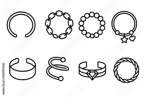 Jewelry icon set. Vector line icons of bracelets, cuffs, and armlets. Fashion accessory collection. Outline pictograms of chain, bead, charm, and gemstone bangles for design.