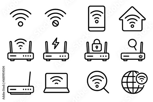WiFi router line icon set. Wireless internet connection, network signal, modem, data transfer symbols. Thin outline vector pictograms for web, UI UX design, mobile app.