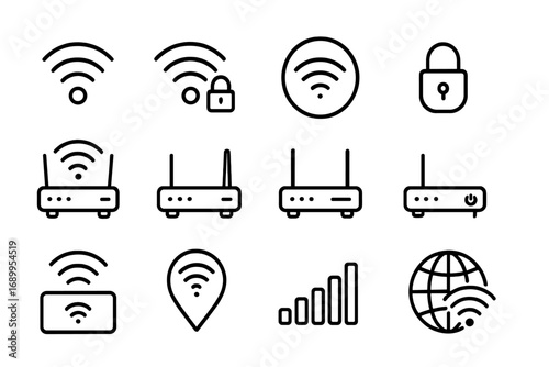 WiFi and router line icon set. Wireless internet connection, network signal, and modem symbols. Vector outline pictogram bundle for web design, UI, UX, and apps.