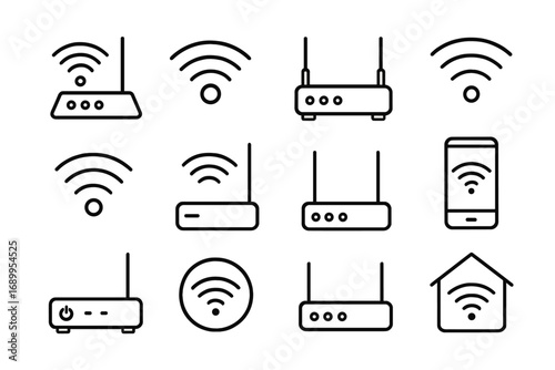 WiFi and router line icon pack. Outline signs for graphic and web design, apps. Vector symbols for internet, network, connection, modem, signal, hotspot, smart home technology.