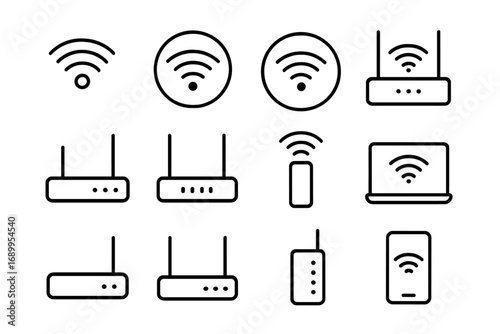 WiFi and router line icon pack. Vector wireless internet connection symbols. Network technology outline signs for web design, apps. Signal, modem, laptop, phone pictogram set.