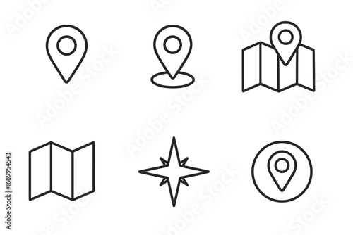 Location map navigation outline icon set. GPS positioning pointer, direction marker, and destination pin symbols. Vector line art for travel, route finding, and direction concepts.