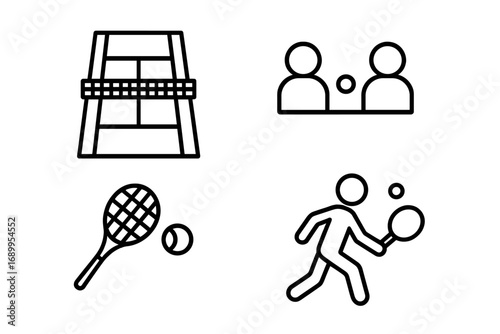 Tennis line icon set. Simple outline vector icons for sport. Includes court, net, racket, ball, player, and doubles match symbols. Minimalist pictograms for web and mobile.