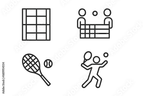 Tennis sport game line icon set. Simple outline pictogram collection. Player, racket, ball, court, net, and championship match symbols. Editable stroke vector illustration.