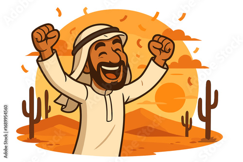 Happy Arab man celebrating victory and success. Muslim person in traditional keffiyeh expressing joy. Desert landscape at sunset. Business achievement goal concept. Vector cartoon.