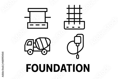 Foundation construction outline icon set. Vector line art illustration of building process stages like footing formwork, rebar cage, concrete mixer truck, and vibrator poker.