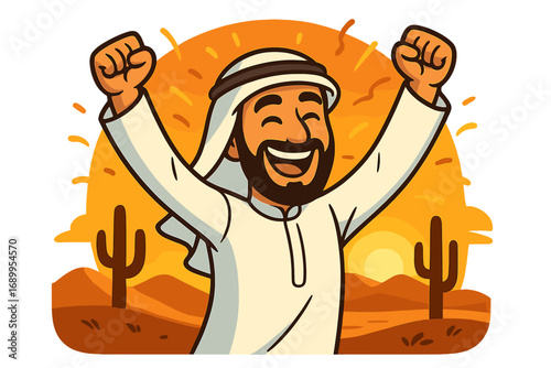 Happy Arab man in traditional clothes celebrating success. Victory and joy expression. Winner with fists up in desert landscape at sunset. Vector cartoon character illustration.