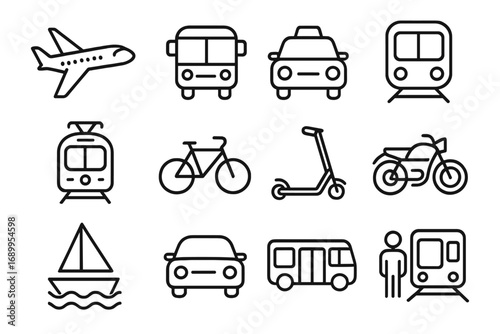 Transportation and public transport outline icon set. Travel and commuting symbols. Car, bus, train, plane, scooter, bike and boat linear icons. Vector illustration collection.