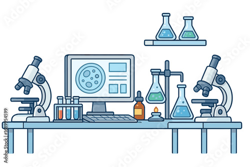 Science laboratory vector illustration. Research lab equipment with microscope, computer, flasks, test tubes. Concept for biology, chemistry, medical research, experiment.