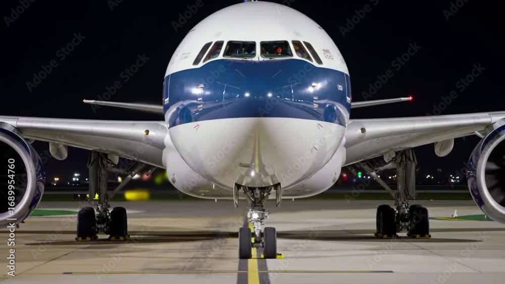 Close-up view of an airplane engine at night, showcasing the spinning turbine and airport lights in the background Close-up view of an airplane engine at night, showcasing the spinning turbine and airport lights in the background