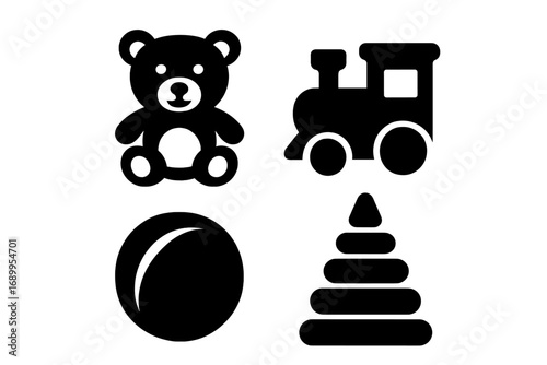 Kids toy silhouette icon set. Vector graphic collection of simple black playtime objects. Includes teddy bear, train, ball, and stacking pyramid. Childhood concept illustration.