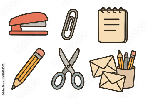 Office supplies icon set. Vector cartoon illustration of stationery items. Stapler, paper clip, notepad, pencil, scissors, envelope, pen holder. Simple flat design elements.