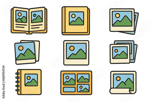 Gallery icon set. Photo album, picture collection symbols. Vector cartoon illustration for photography, web design, apps. Flat line icons, scrapbook and memory concepts.