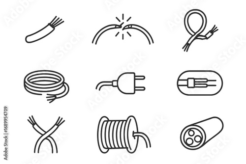 Wire and cable line icon set. Electrical connection symbols. Vector outline illustration of plug, socket, broken wire, short circuit, and power cord. Electricity concept.