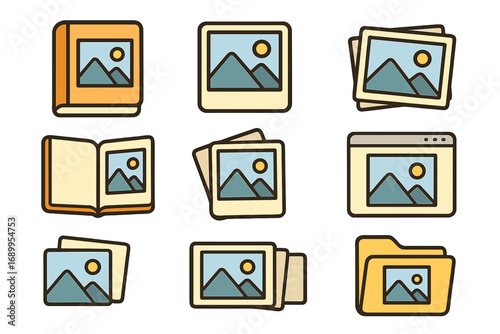 Gallery icon set. Photo album, image collection, and picture symbols. Vector line art icons for digital portfolio, website UI, or app interface. Modern flat design elements.