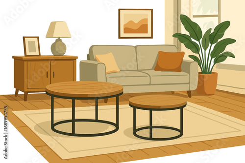Modern living room interior design concept. Cozy home scene with contemporary furniture, sofa, coffee tables, and houseplant. Flat cartoon vector background illustration. Hygge style.