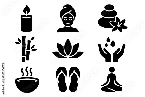 Spa and wellness icon set. Black silhouette glyphs for relaxation, beauty, and health. Vector symbols for yoga, meditation, massage, hot stones, lotus, and aromatherapy.