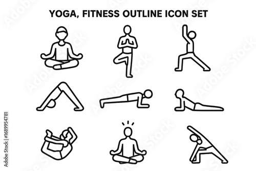 Yoga and fitness outline icon set. Vector symbols of body poses for wellness, exercise, and meditation. Line art illustration for concepts of health, balance, and stretching.