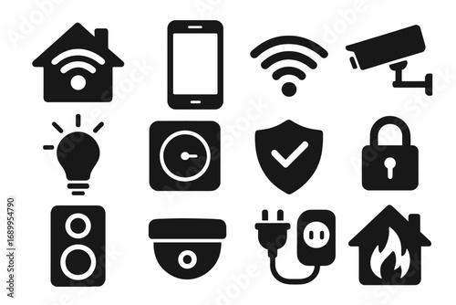 Smart home vector icons set. Automation technology silhouettes. Security system, smart house control. Internet of Things icons. Wifi, camera, light, lock, thermostat symbols.