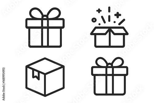 Gift box outline icon set. Surprise, present, and cardboard box symbols. Vector icons for christmas, birthday, holiday celebration, unboxing, delivery, and shopping.