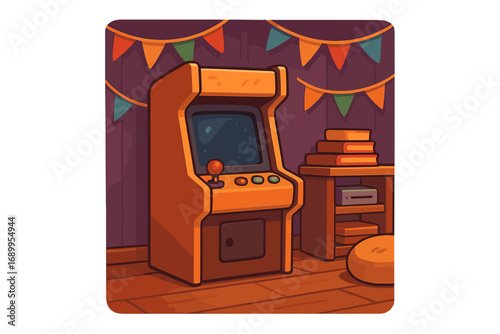 Retro arcade game cabinet in a cozy gaming room. Vector cartoon illustration of a vintage video game machine with joystick. Nostalgic 80s entertainment concept for gamers.