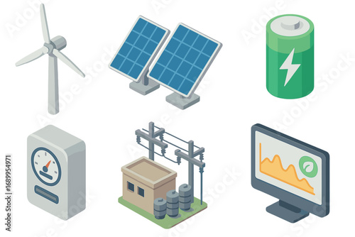 Green energy vector icon collection. Isometric cartoon set with wind turbine, solar panels, battery, power grid substation, and consumption monitoring meter for eco concepts.