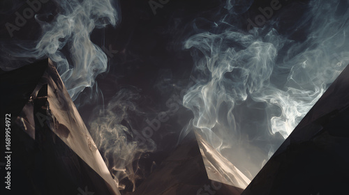 Surreal mountain landscape with swirling smoke