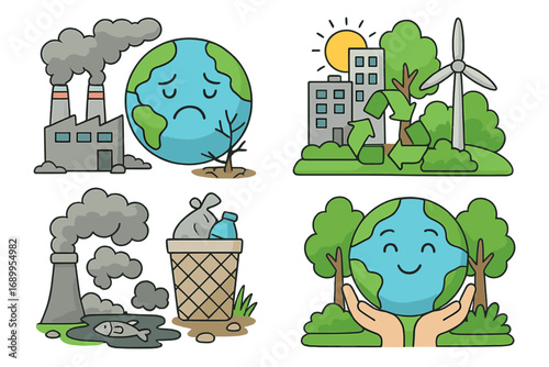 Environmental issues and sustainability concept. Vector set comparing sad polluted Earth with happy green planet. Infographic of pollution, factory, trash vs recycling, green energy.