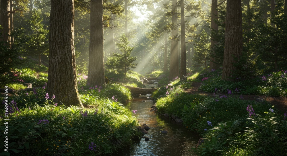 Obraz premium Sunlit Forest Stream with Wildflowers and Majestic Trees