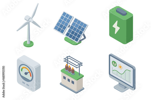 Sustainable energy icon set isometric. Renewable power concept. Vector collection with wind turbine, solar panel, battery storage, substation, and power monitoring dashboard.