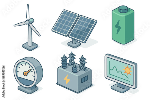 Sustainable energy isometric icon set. Wind turbine, solar panels, battery storage, power meter, substation & monitoring screen. Renewable green power vector cartoon illustration.