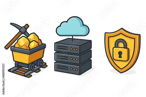 Data mining, cloud computing, server storage and cybersecurity icon set. Isometric cartoon illustration collection of crypto mining, database protection and network security.