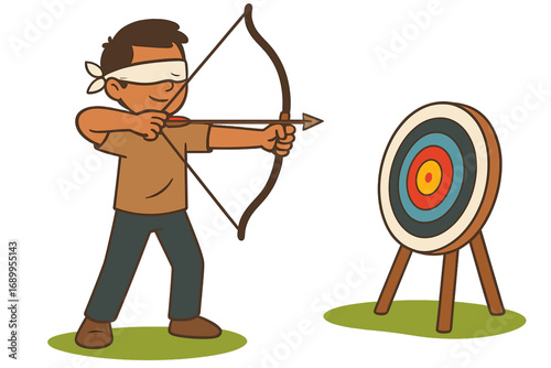 Blindfolded archer aiming at target. Metaphor for business goal, focus, risk, and challenge. Trust and intuition concept. Man shooting arrow blindly. Vector cartoon character.