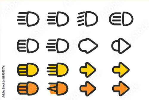 Car dashboard icon collection. Headlight high and low beam symbols. Turn signal indicator light signs. Automotive panel pictogram set for UI design. Vehicle warning vector icons.