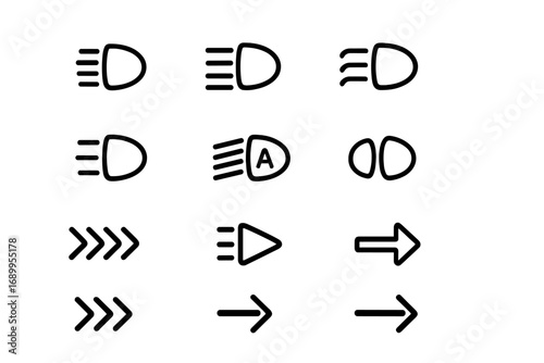Car dashboard icon set. Headlight and turn signal indicator symbols. Vector line art collection. High beam, low beam, and auto light signs for vehicle control panel interface.