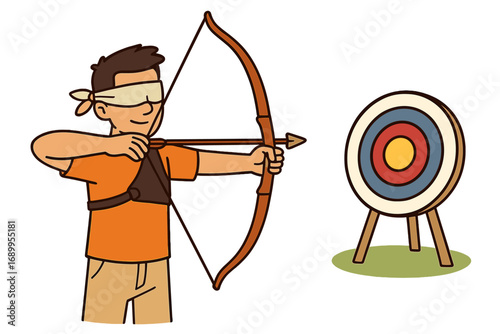 Blindfolded archer aiming for the target. Metaphor for business risk, uncertainty, and strategy. Concept of faith, intuition, and focus. Challenge, skill, and accuracy.