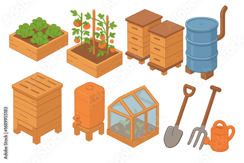 Urban gardening isometric icon set. Vector cartoon collection of farming equipment: raised bed, beehive, compost bin, greenhouse, rain barrel, shovel. Sustainable hobby farm.