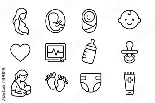 Pregnancy and baby care line icon set. Maternity, newborn healthcare symbols. Motherhood, childbirth and infant icons. Vector fetus, breastfeeding, diaper, bottle pictogram.