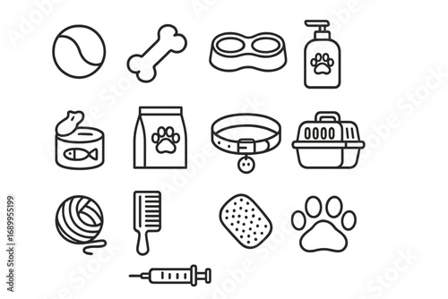 Pet essentials outline icon set. Cat and dog care symbols for toys, feeding, grooming, and health. Vector line art illustration for pet shop, veterinary, and animal care.