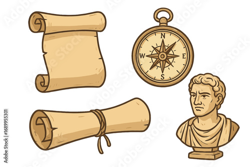 Vintage history elements set with scrolls, compass, and Roman bust. Vector cartoon illustration for exploration, discovery, education, and science. Antique parchment and navigation.