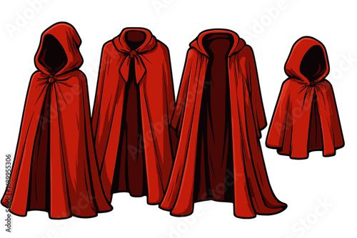 Red cloaks with hoods set. Fantasy or fairy tale costume collection. Mysterious vintage capes for Halloween. Little Red Riding Hood character concept. Vector cartoon illustration.